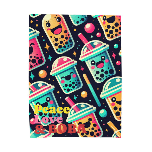 Colorful Boba Tea Plush Blanket, Cozy Soft Throw, Peace Love & Boba Home Decor, Fun Gift for Tea Lovers, Snuggle Blanket for Kids & Adults