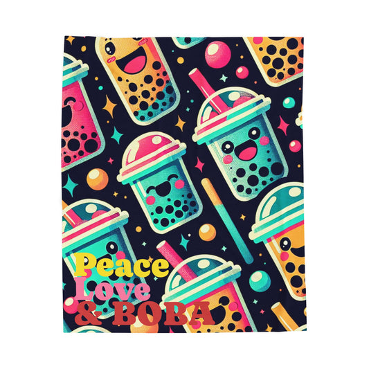 Colorful Boba Tea Plush Blanket, Cozy Soft Throw, Peace Love & Boba Home Decor, Fun Gift for Tea Lovers, Snuggle Blanket for Kids & Adults