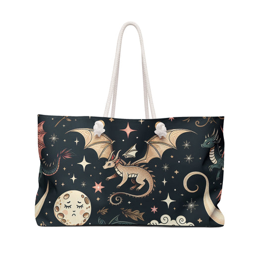 Cosmic Fantasy Weekender Bag, Perfect for Travel, Gym, Beach, Gifts for Adventurers, Dragon Print Tote, Astrology Lovers