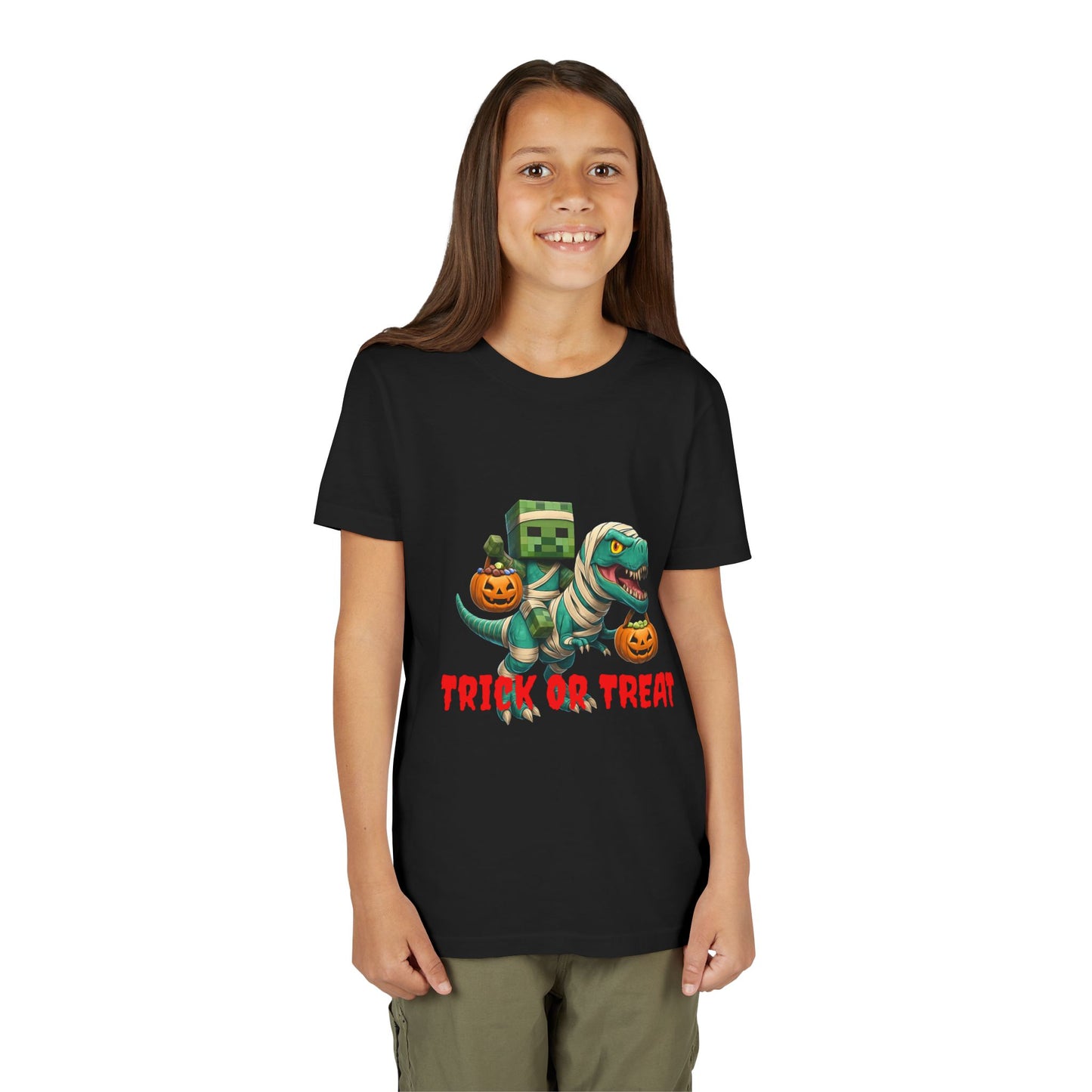Halloween Dino Tee, Youth Short Sleeve T-Shirt for Kids, Trick or Treat Dinosaur Shirt, Fun Halloween Apparel, Kids Costume Tee