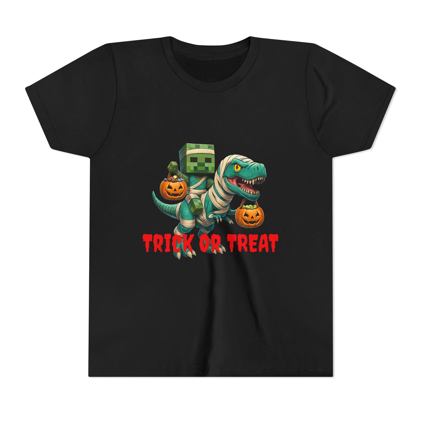 Halloween Dino Tee, Youth Short Sleeve T-Shirt for Kids, Trick or Treat Dinosaur Shirt, Fun Halloween Apparel, Kids Costume Tee