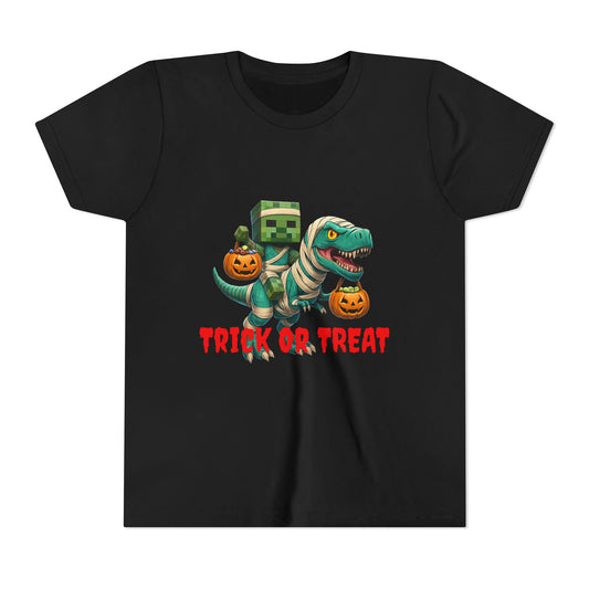 Halloween Dino Tee, Youth Short Sleeve T-Shirt for Kids, Trick or Treat Dinosaur Shirt, Fun Halloween Apparel, Kids Costume Tee